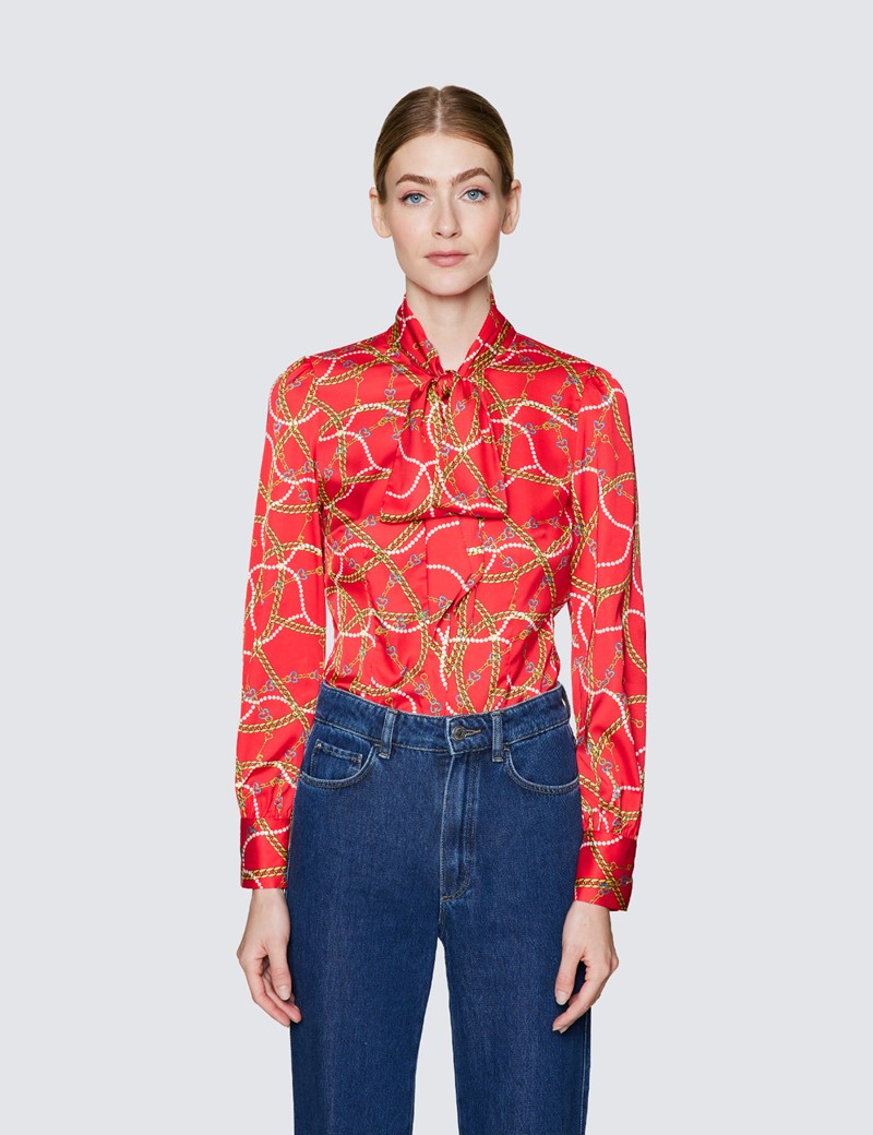Women's Red & Yellow Chains and Hearts Print Pussy Bow Blouse