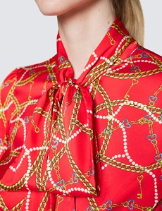 Women's Red & Yellow Chains and Hearts Print Pussy Bow Blouse 