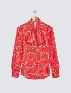 Women's Red & Yellow Chains and Hearts Print Pussy Bow Blouse 