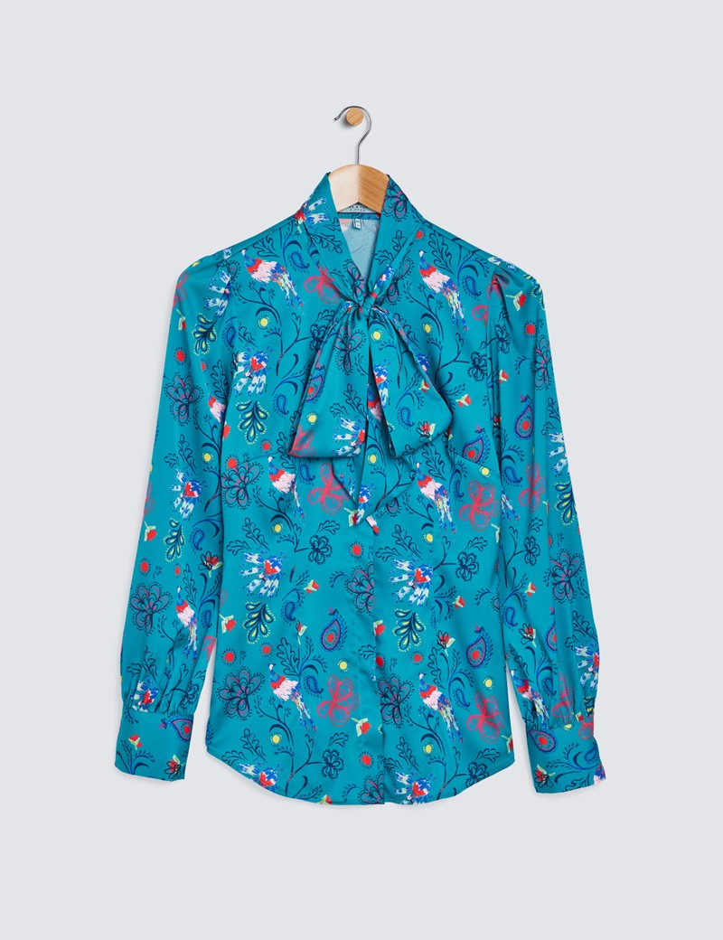 Women's Turquoise & Yellow Mixed Print Pussy Bow Blouse 