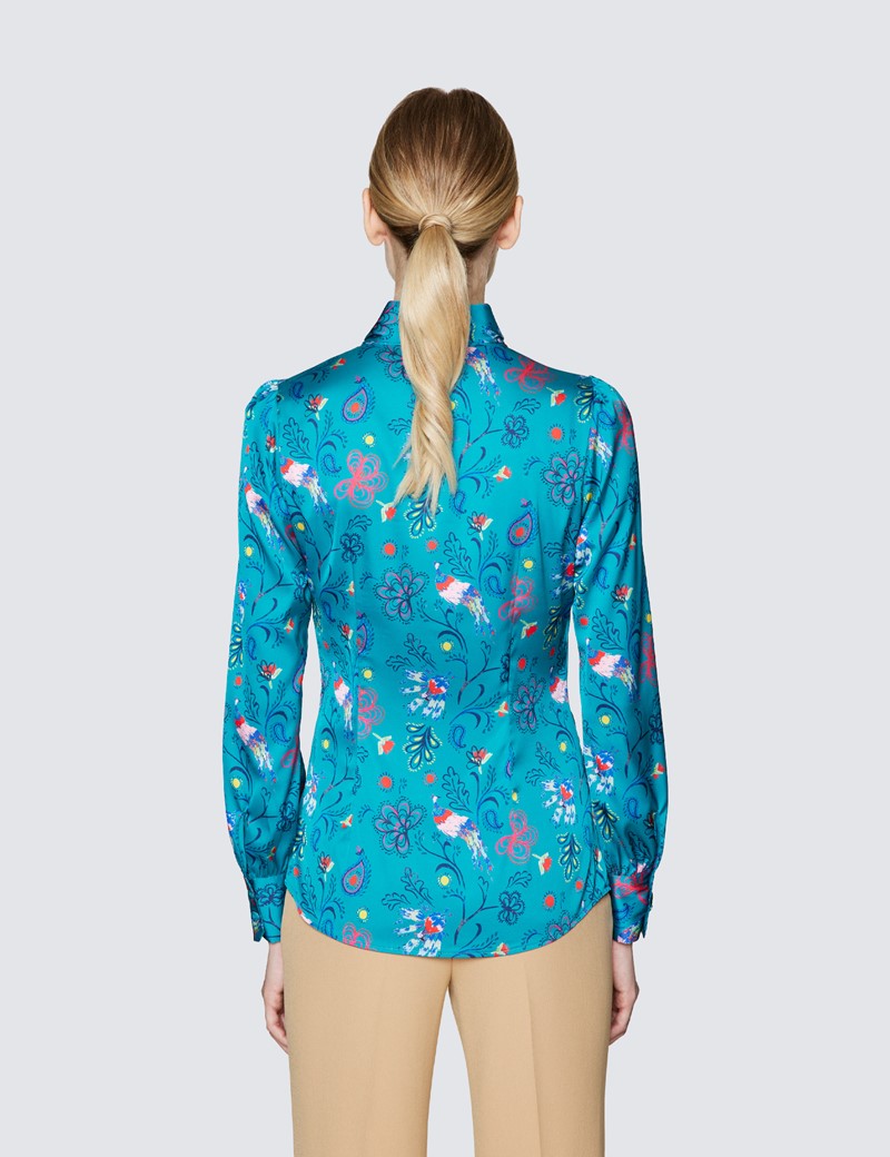 Women's Turquoise & Yellow Mixed Print Pussy Bow Blouse
