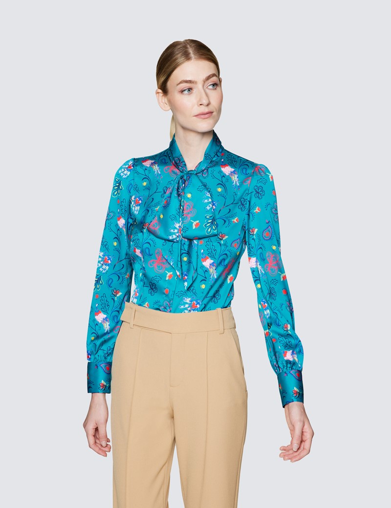 Women's Turquoise & Yellow Mixed Print Pussy Bow Blouse 