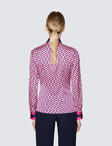 Women's Navy & Pink Heart Print Pussy Bow Blouse 