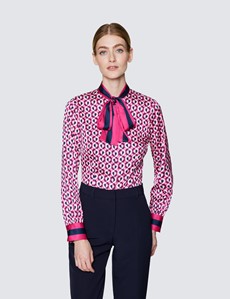 Women's Navy & Pink Heart Print Pussy Bow Blouse 