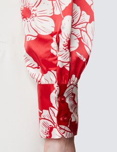 Women's Red & Cream Poppy Print Pussy Bow Blouse