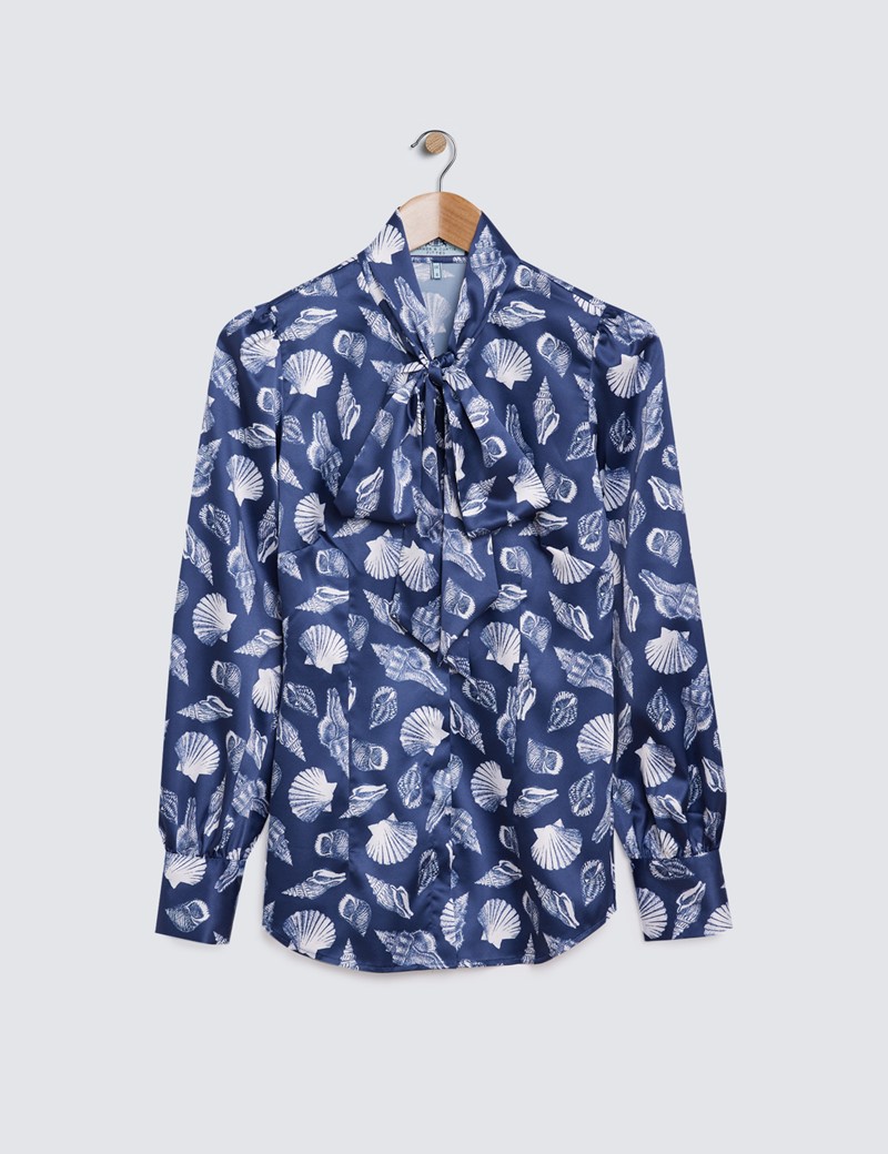 Women's Navy & White Sea Shell Print Pussy Bow Blouse