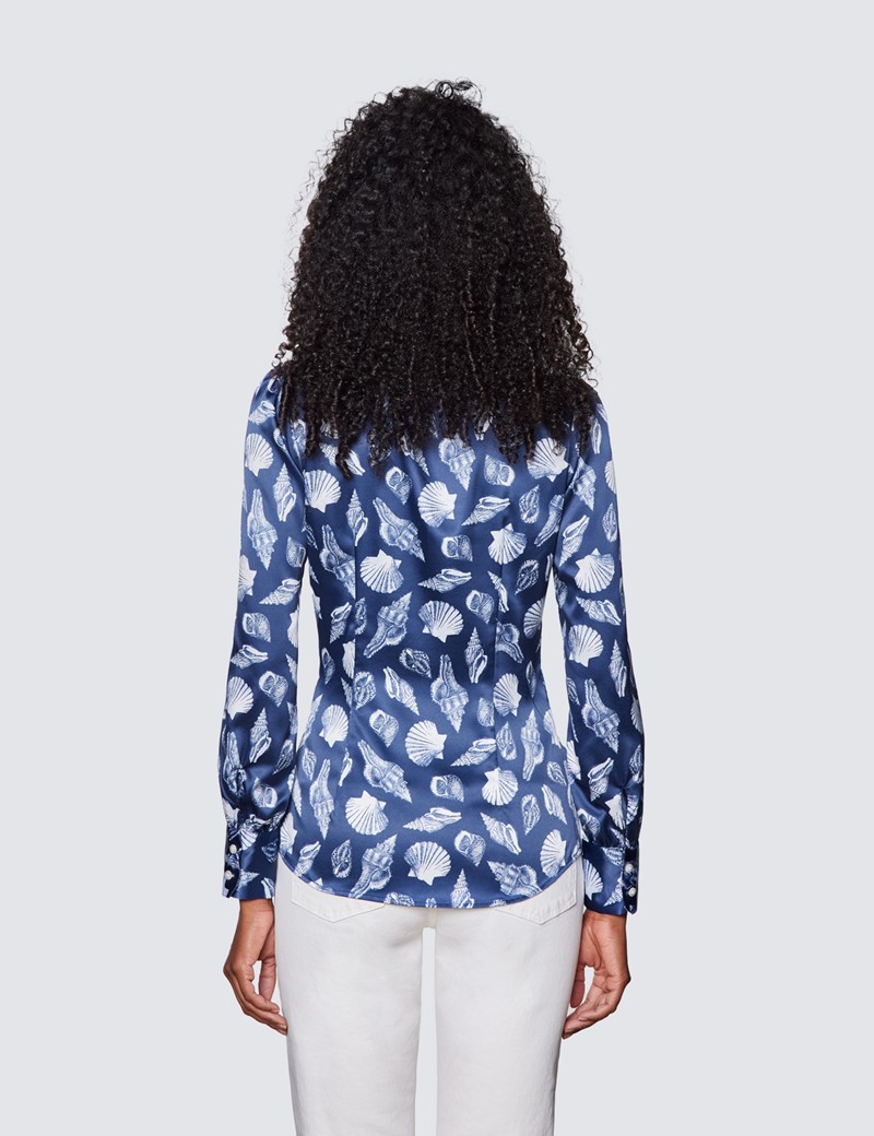 Women's Navy & White Sea Shell Print Pussy Bow Blouse