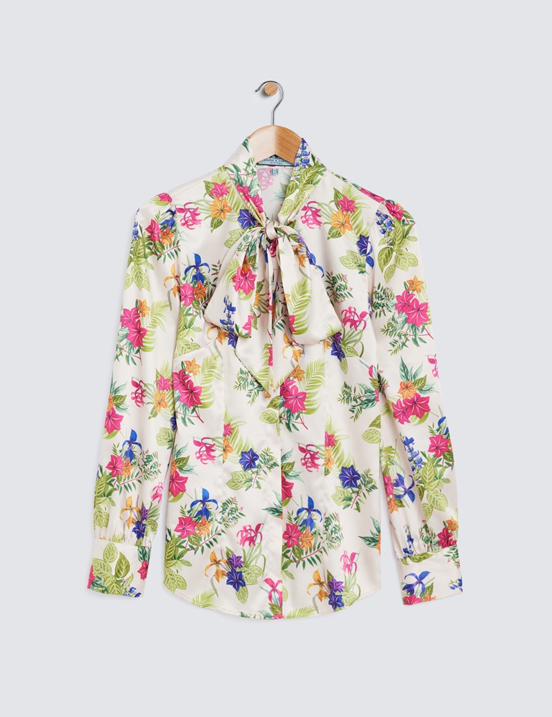 Women's Cream & Green Floral Print Pussy Bow Blouse