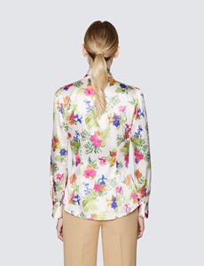 Women's Cream & Green Floral Print Pussy Bow Blouse