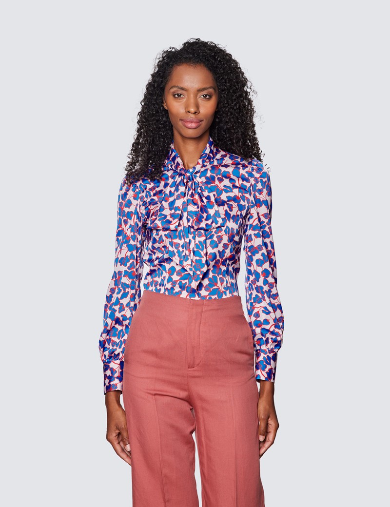 Women's Cream & Red Floral Print Pussy Bow Blouse