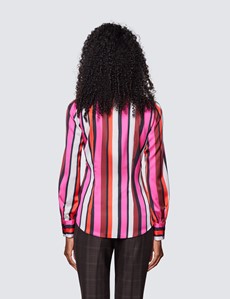 Women's Pink & Black Multi Stripe Print Pussy Bow Blouse