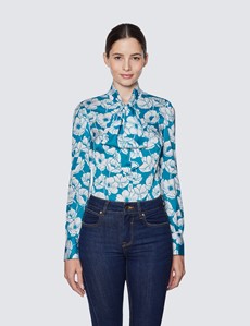 Women's Blue & White Floral Print Pussy Bow Blouse