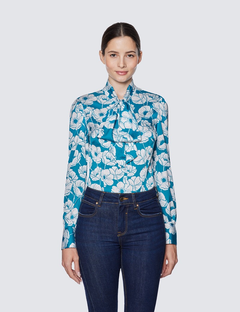 Women's Blue & White Floral Print Pussy Bow Blouse