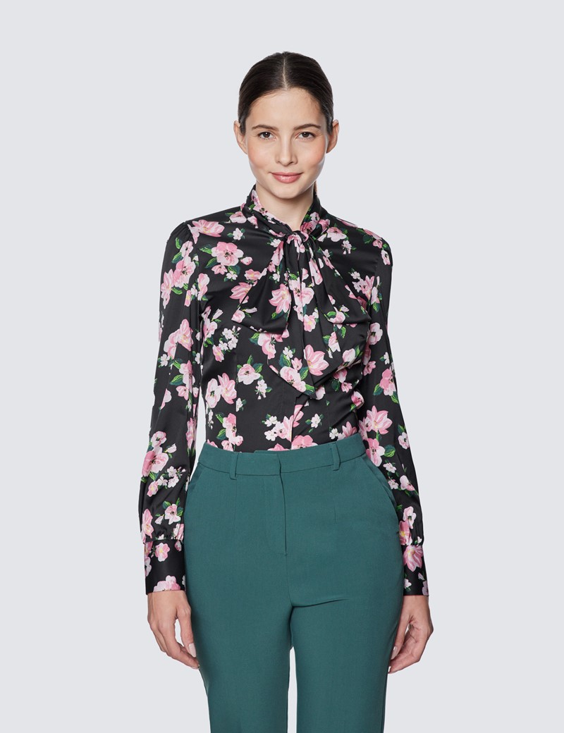 Women's Black & Pink Floral Print Pussy Bow Blouse