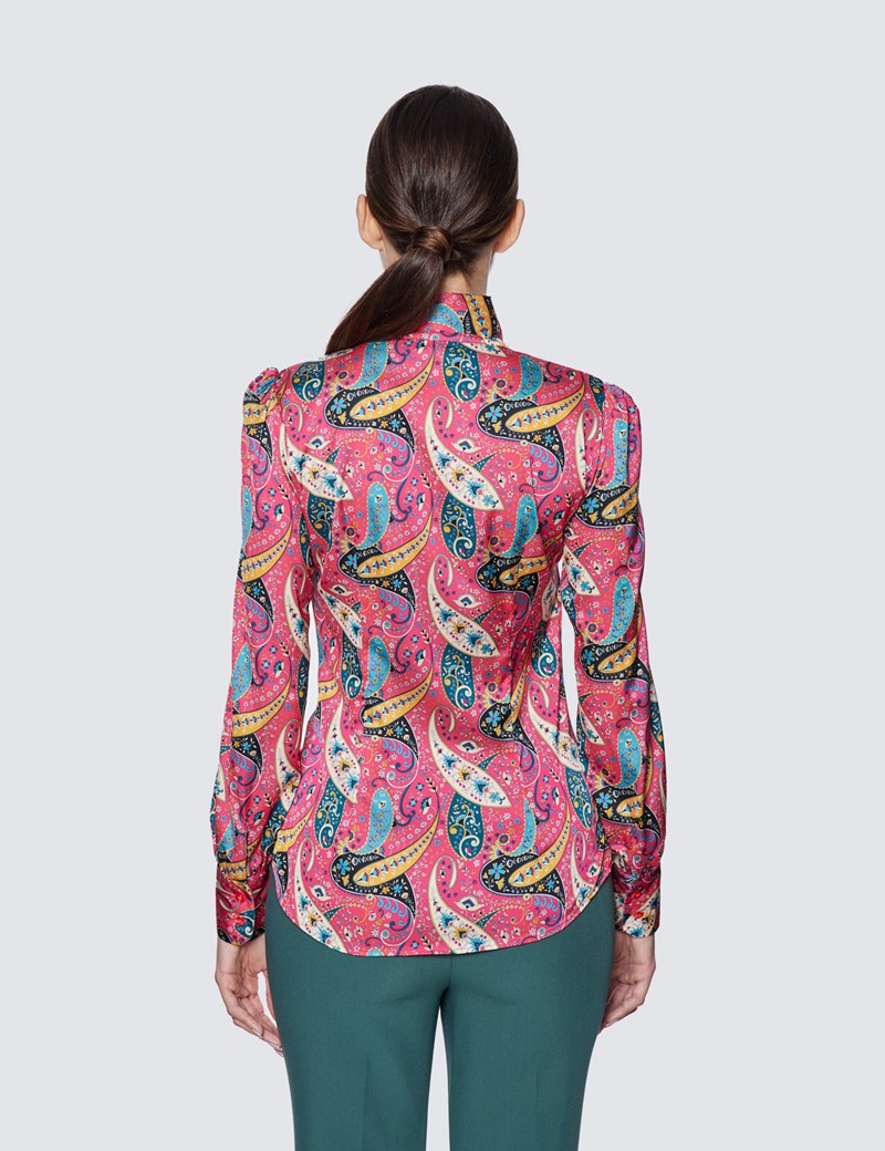 Women's Pink & Blue Paisley Print Pussy Bow Blouse