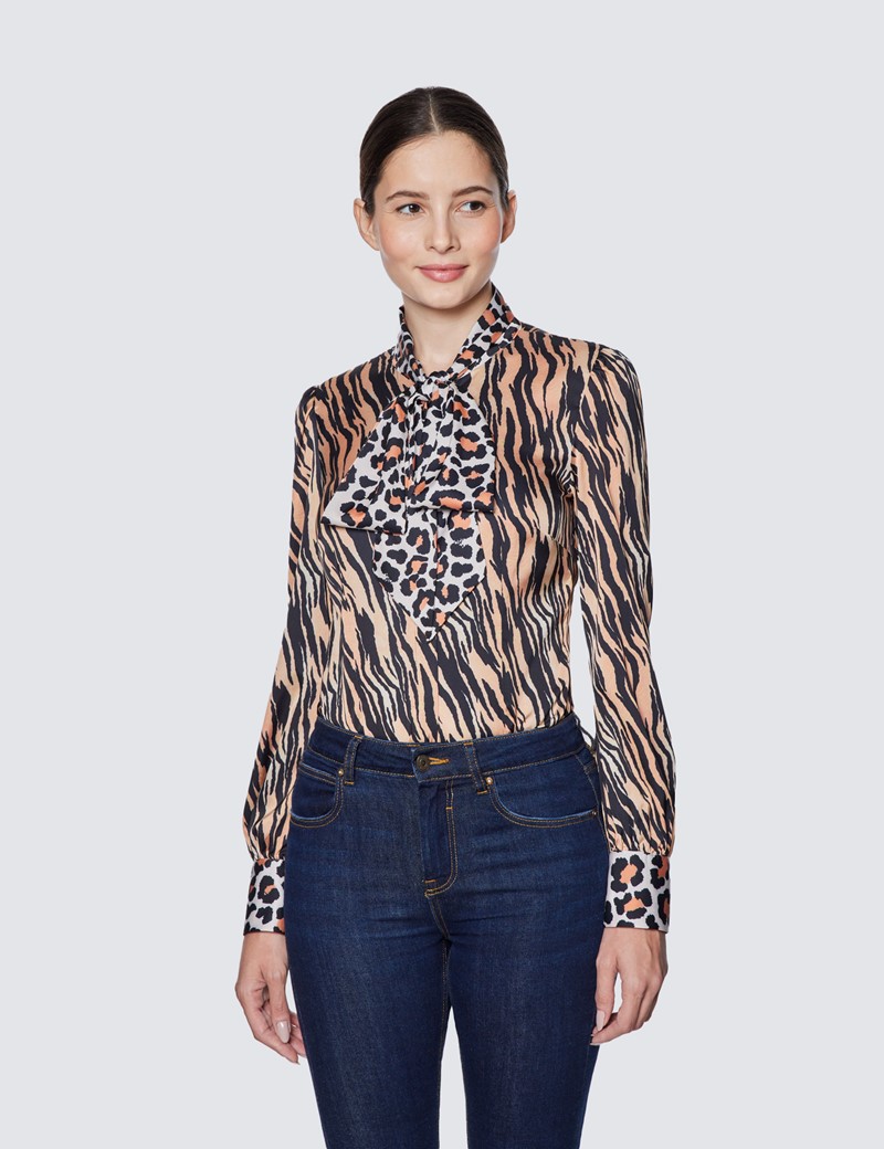 Women's Tiger Print Pussy Bow Blouse in 