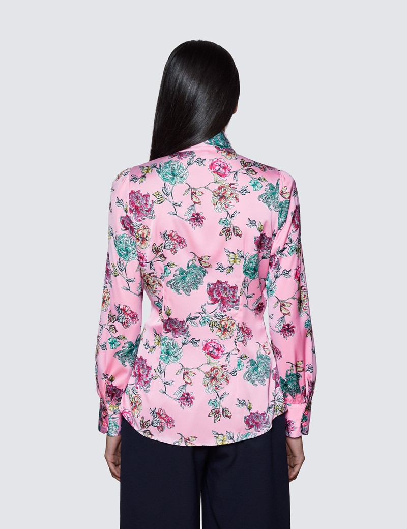 Women's Pink & Red Floral Print Pussy Bow Blouse