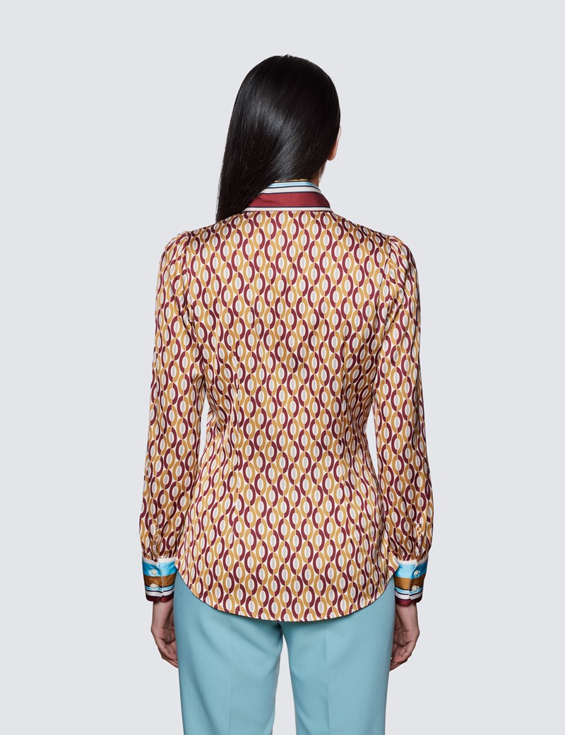 Women's Cream & Yellow Geometric Print Pussy Bow Blouse
