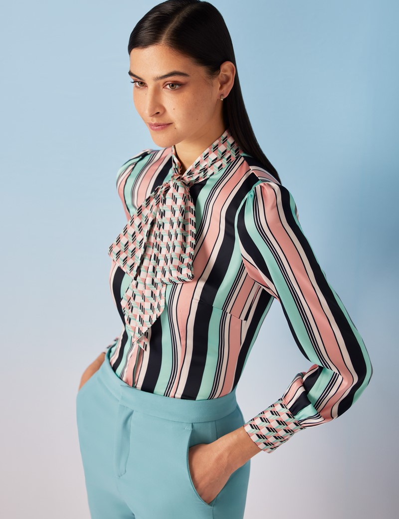Women's Mint & Pink Geometric Print Pussy Bow Blouse | Hawes & Curtis