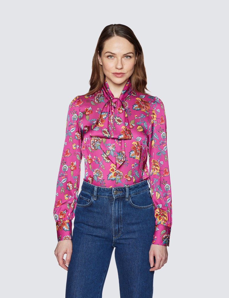 Women's Pink & Blue Floral Print Pussy Bow Blouse