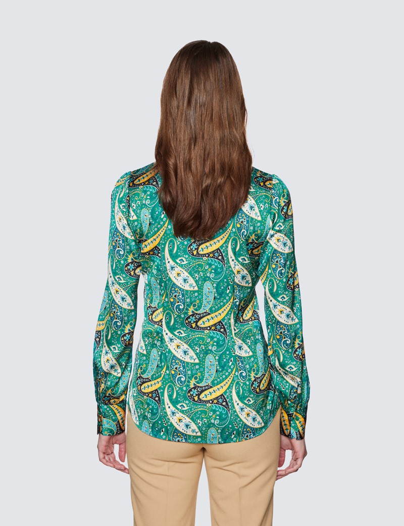 Women's Green & Yellow Paisley Print Pussy Bow Blouse