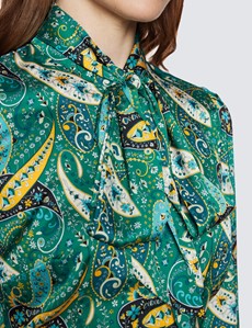 Women's Green & Yellow Paisley Print Pussy Bow Blouse