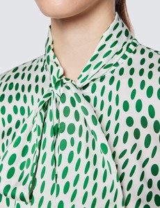 Women's White & Green Geometric Print Pussy Bow Blouse