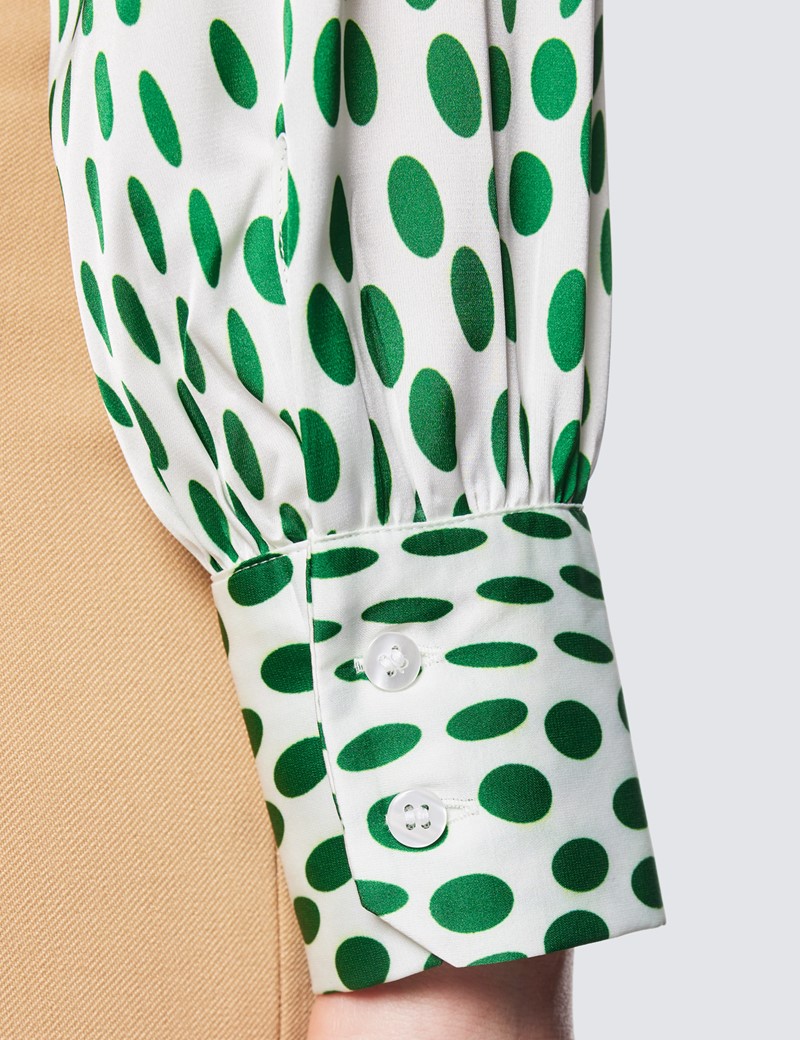 Women's White & Green Geometric Print Pussy Bow Blouse
