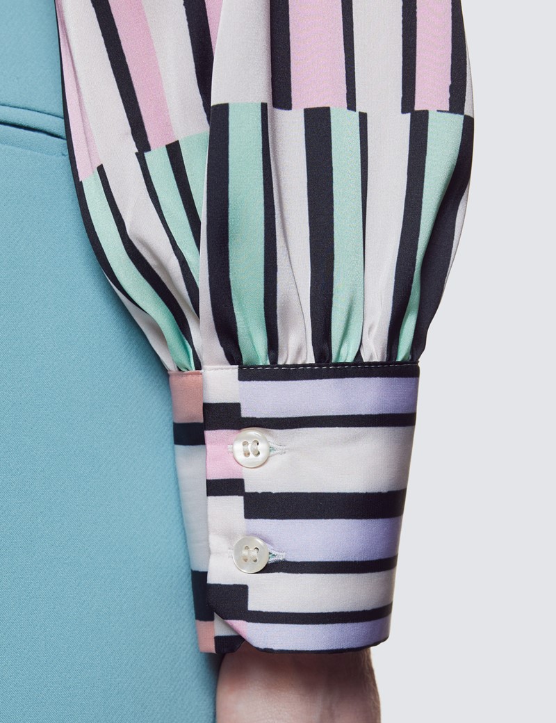 Women's Cream & Lilac Geometric Stripe Print Pussy Bow Blouse