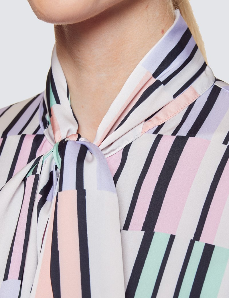 Women's Cream & Lilac Geometric Stripe Print Pussy Bow Blouse