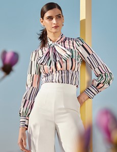 Women's Cream & Lilac Geometric Stripe Print Pussy Bow Blouse