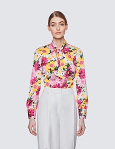 Women's White & Pink Floral Print Pussy Bow Blouse