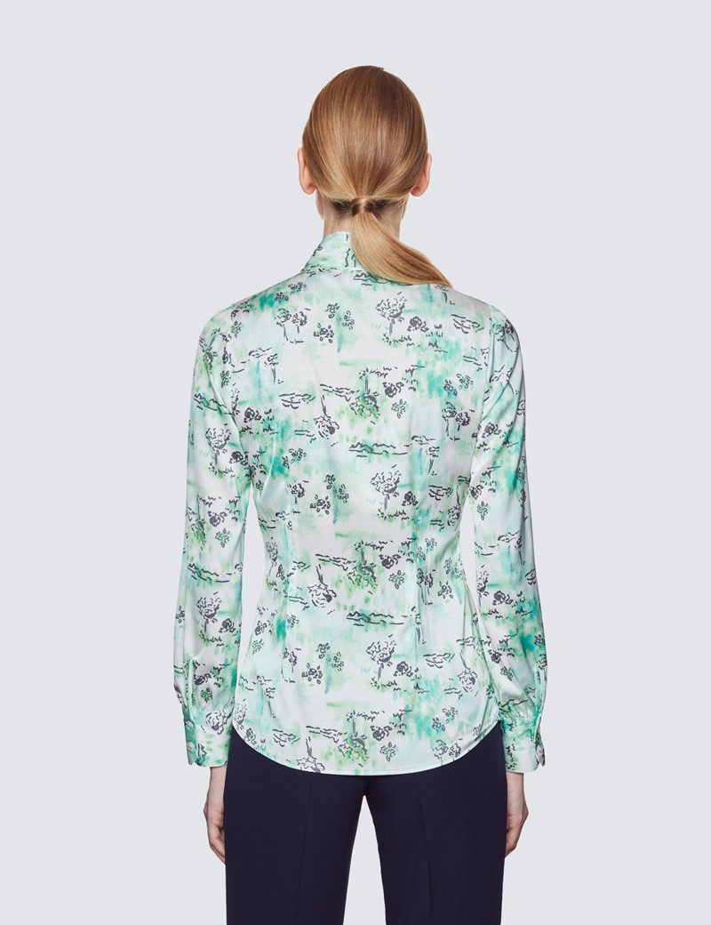 Women's White & Green Floral Print Pussy Bow Blouse