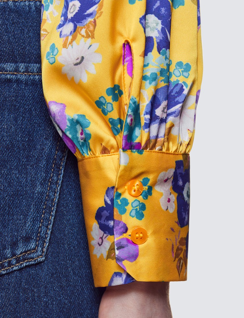 Women's Yellow & Purple Floral Print Pussy Bow Blouse