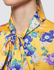 Women's Yellow & Purple Floral Print Pussy Bow Blouse
