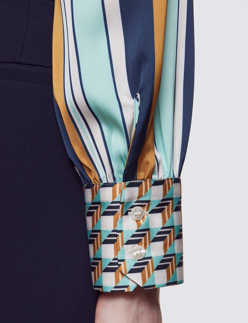 Women's Mint & White Stripe Print Pussy Bow Blouse
