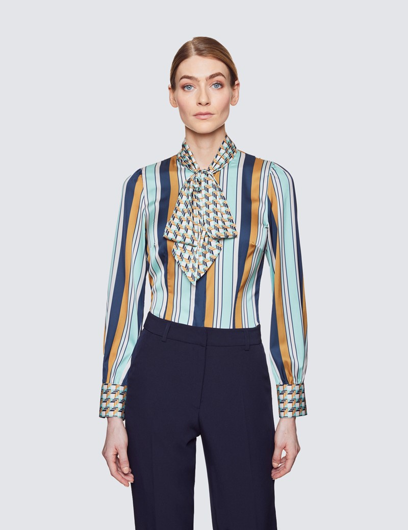 Women's Mint & White Stripe Print Pussy Bow Blouse