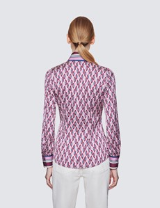 Women's White & Pink Geometric Print Pussy Bow Blouse