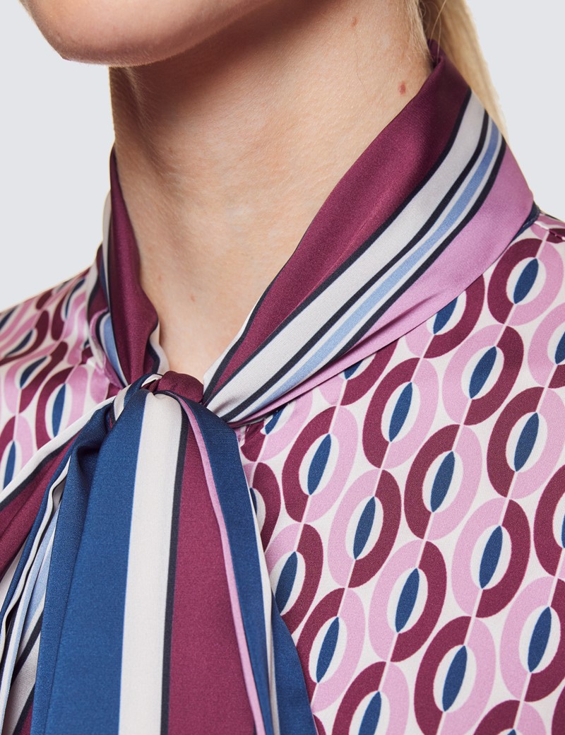 Women's White & Pink Geometric Print Pussy Bow Blouse