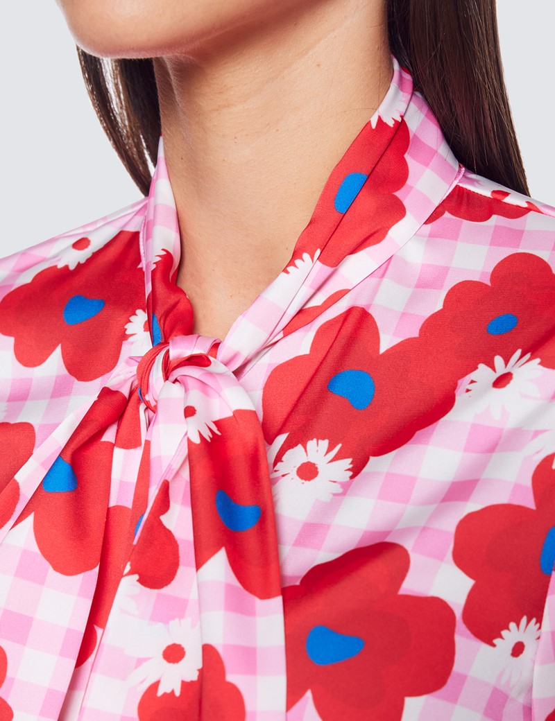 Women's Pink \u0026 Red Floral Gingham Check 