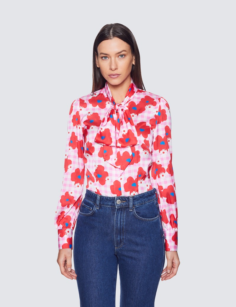 Women's Pink & Red Floral Gingham Check Print Pussy Bow Blouse