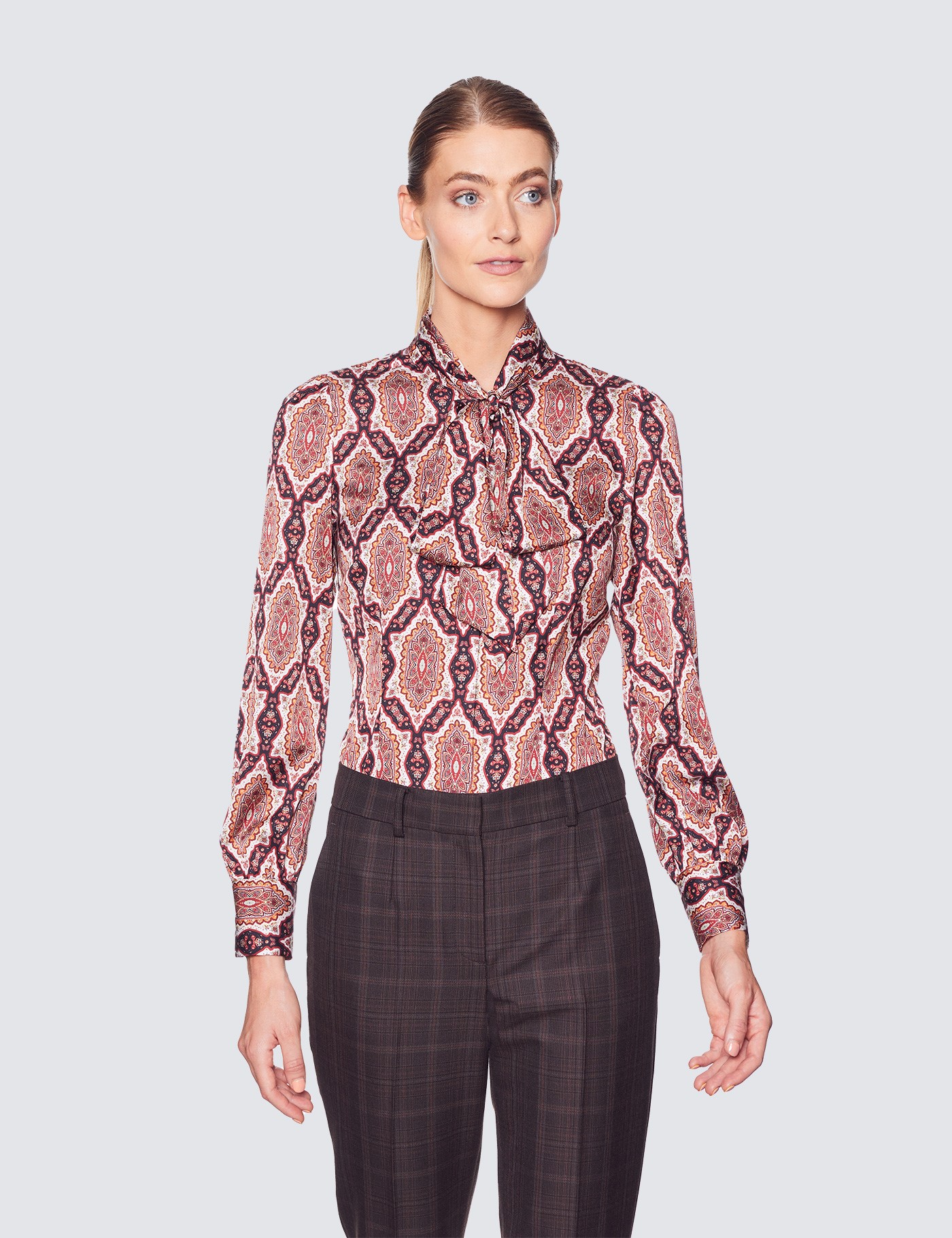 Women's Black & Red Paisley Print Pussy Bow Blouse | Hawes & Curtis