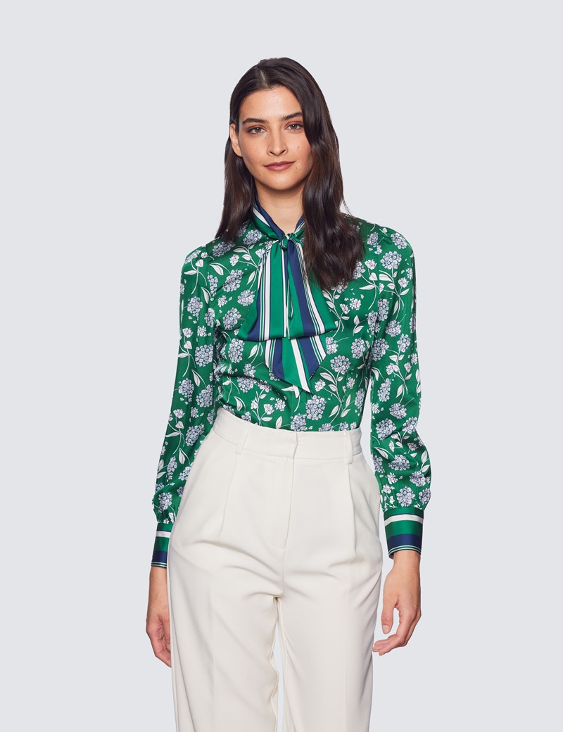 Women's Green Floral Print Pussy Bow Blouse | Hawes & Curtis