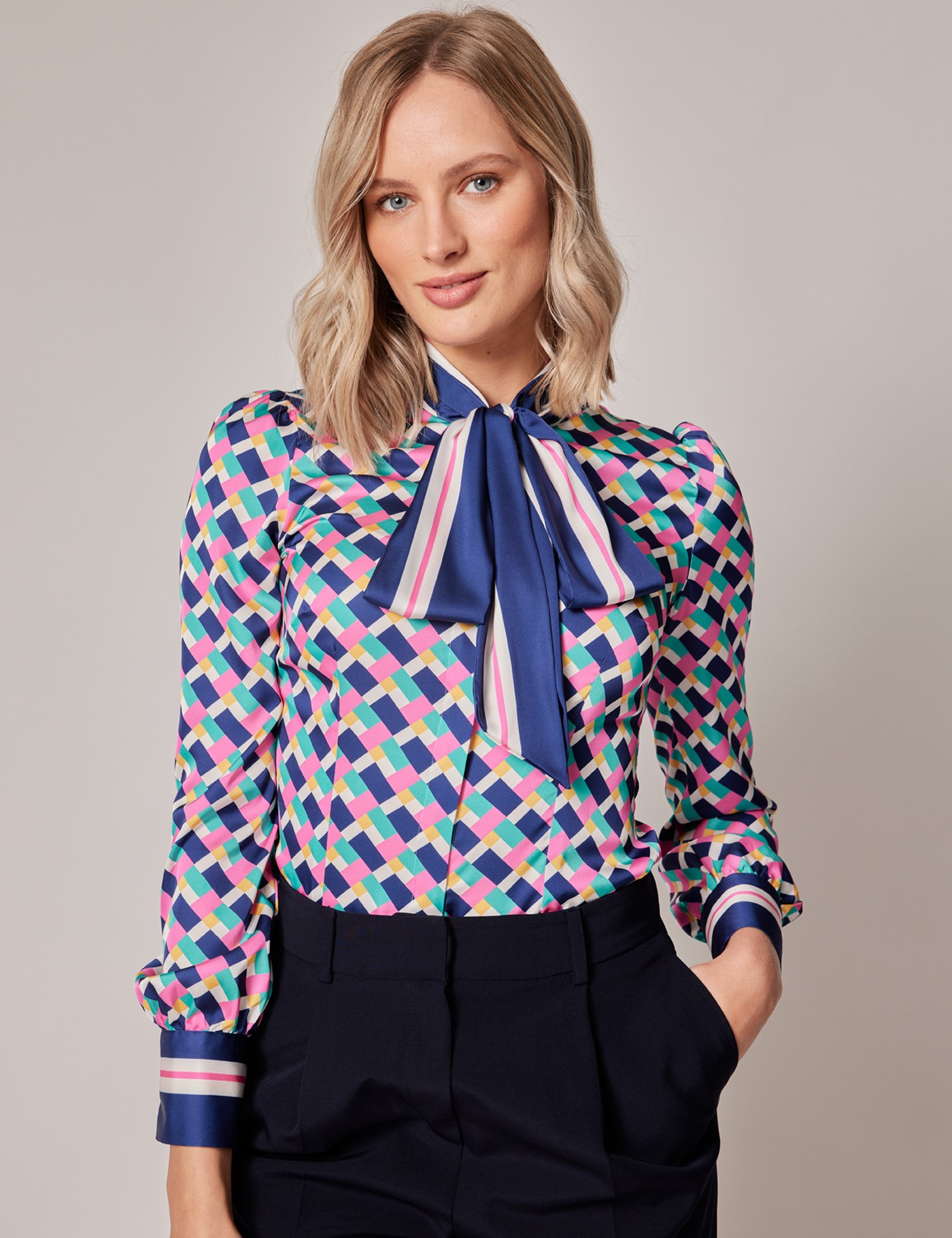 Cream & Pink Geometric Pussy Bow Blouse | Hawes & Curtis