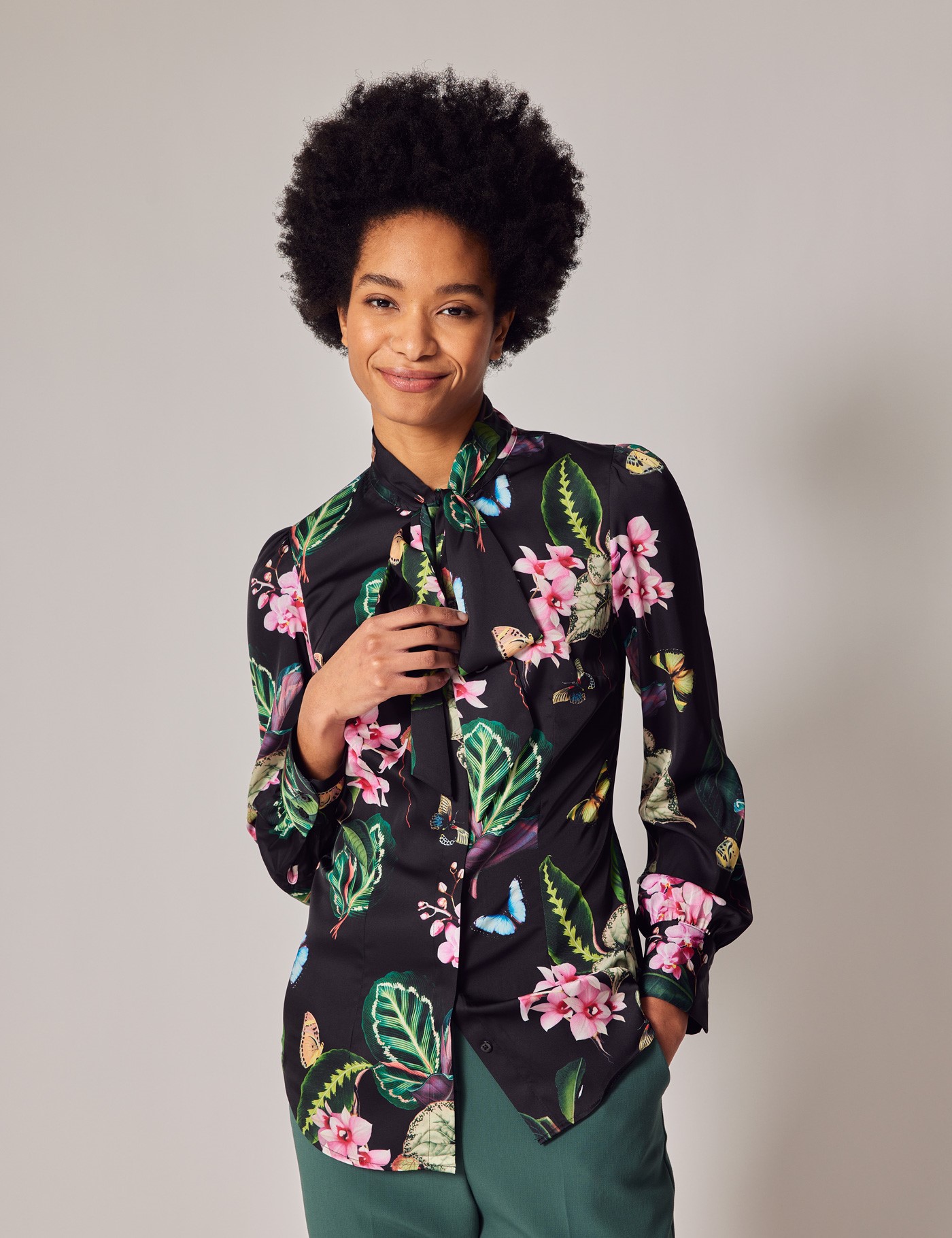 Women's Black & Green Tropical Butterfly Print Pussy Bow Blouse | Hawes ...