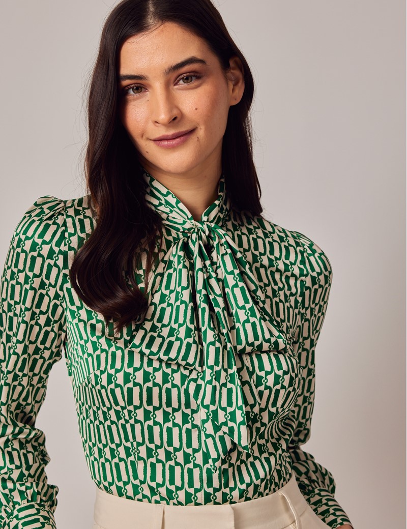 Women's Green & Cream Chain Pussy Bow Blouse