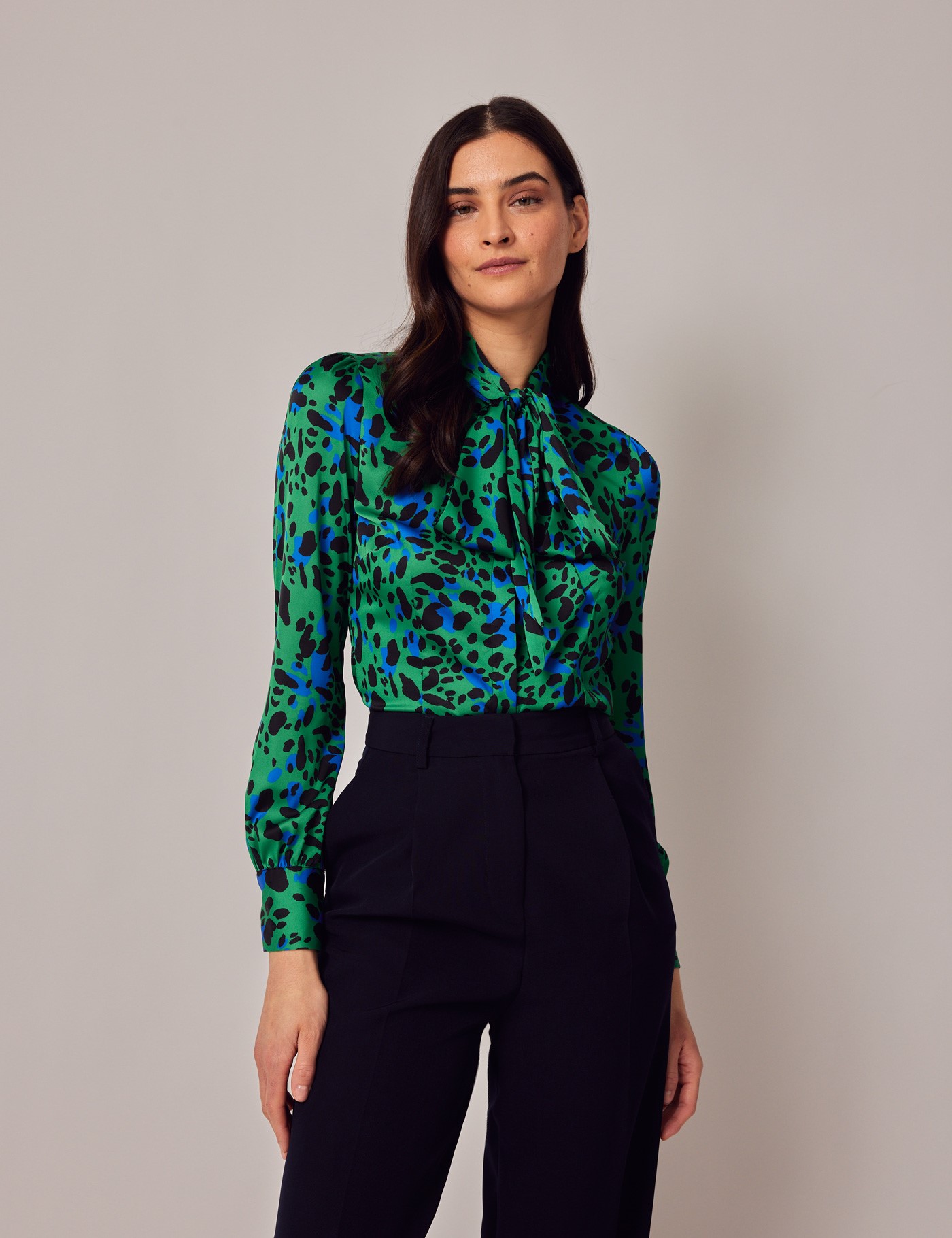 Green & Black Dual Spots Pussy Bow Blouse | Hawes & Curtis