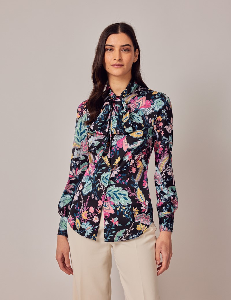Women's Black & Pink Floral Tapestry Pussy Bow Blouse