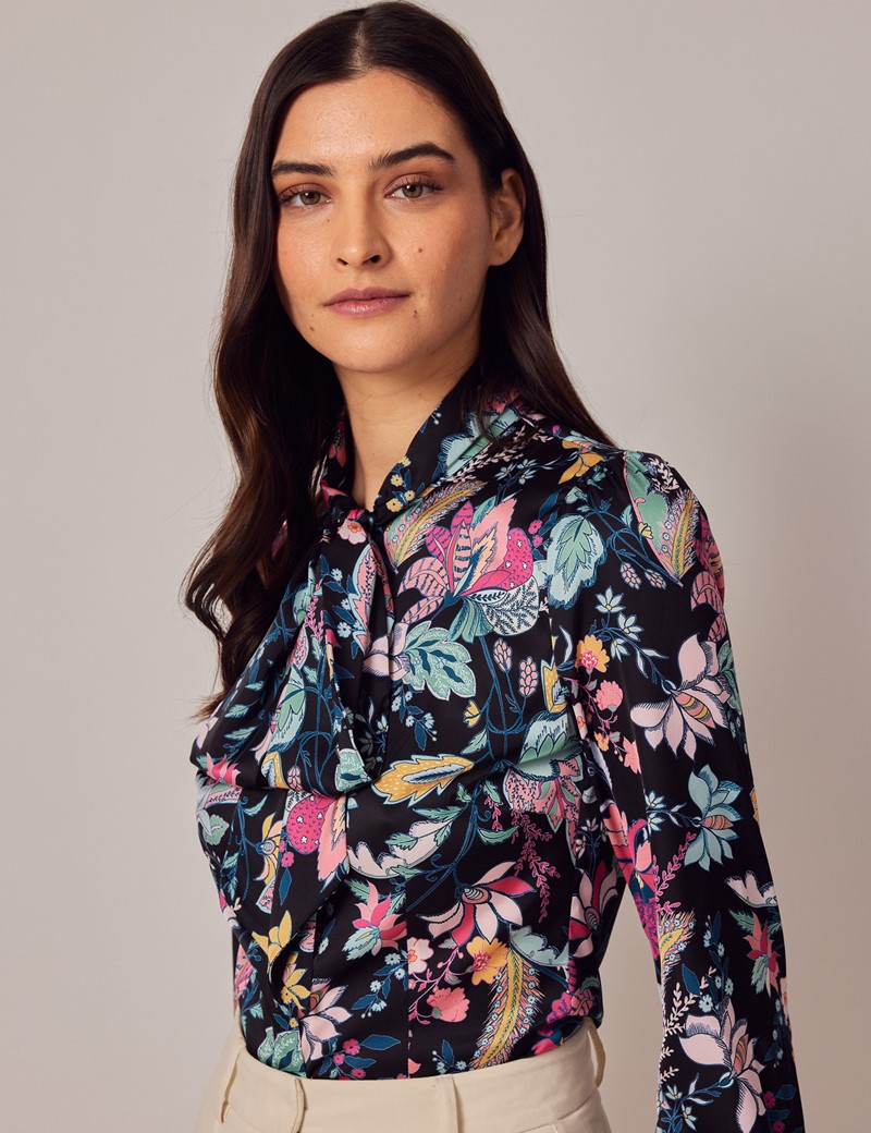 Women's Black & Pink Floral Tapestry Pussy Bow Blouse