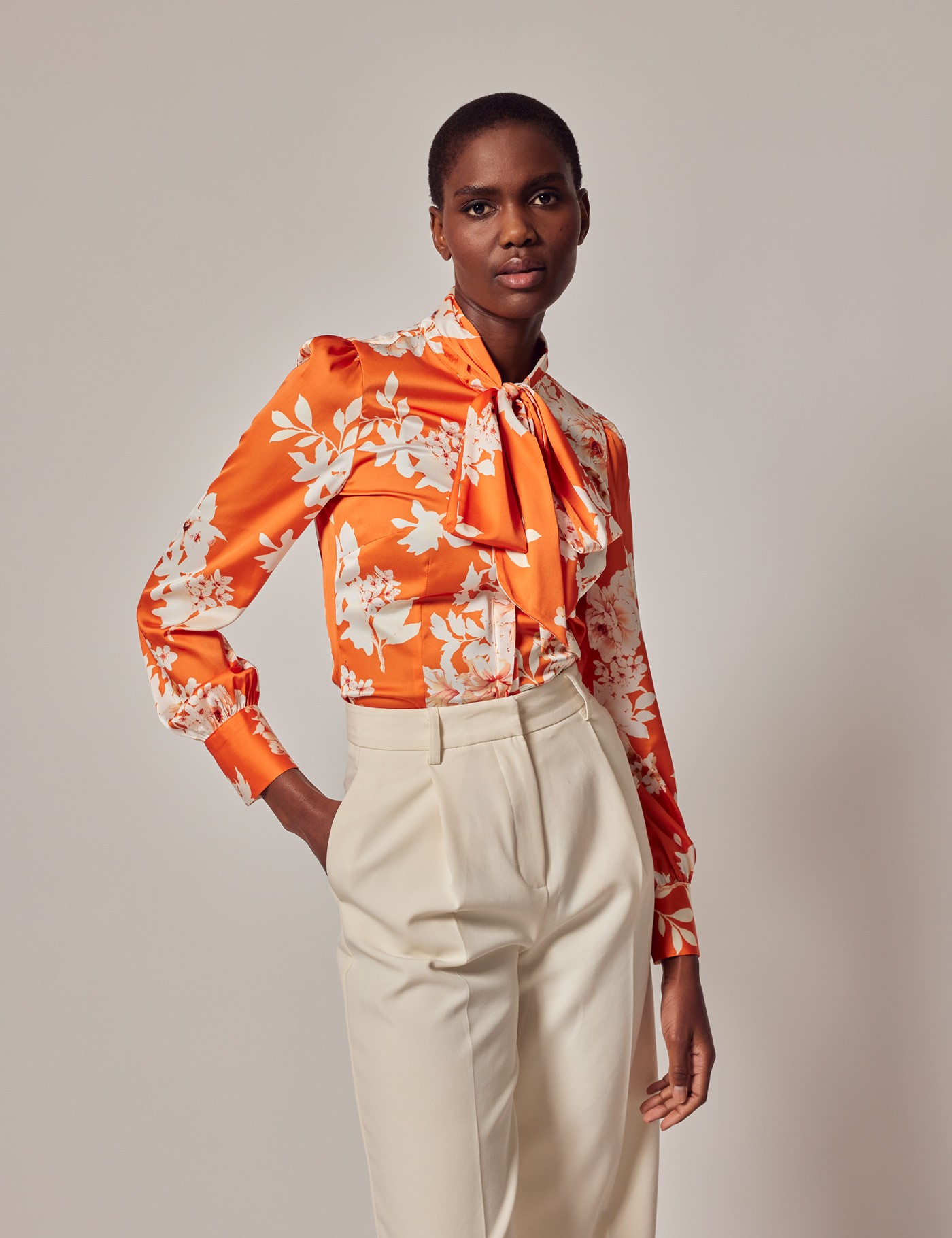 Orange & Cream Print Pussy Bow Blouse | Hawes & Curtis